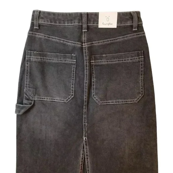 New LOVE FIRE Cargo Denim Maxi Jean Skirt Black Size 0 Love Fire Back Slit Tags - Picture 4 of 9